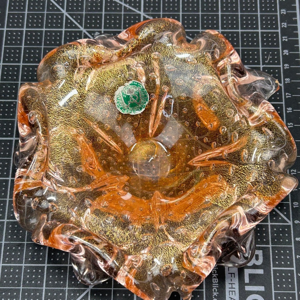 Murano Art Glass Pink Gold Aventurine Bullicante Bubble Bowl Ashtray Italy 5.5in